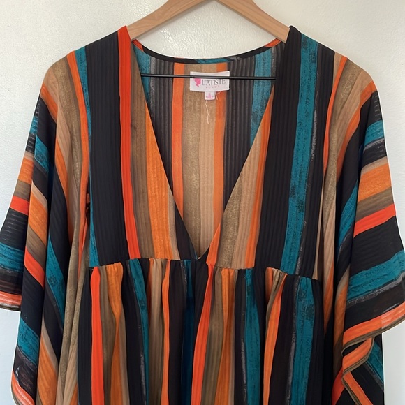 L'Atiste | Multicolor Stripe Plunge V-Neck Flutter Bell Sleeve Mini Dress Small - Picture 5 of 11